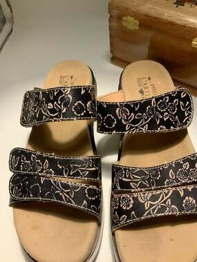 Spring Step L'Artiste Dearest Black Floral Leather Platform Slide Sandals